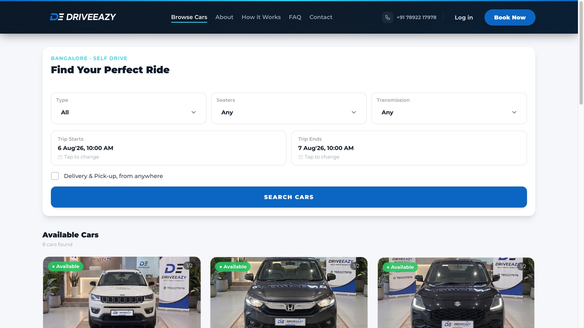 Car search and browse page with filters for type, seats, and transmission