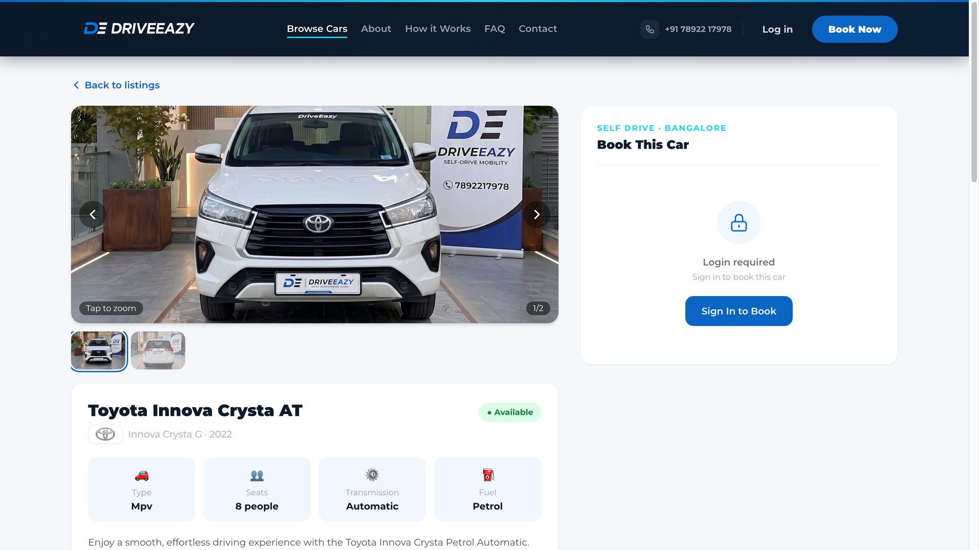 Car detail page with photo gallery, specs, and a login-gated booking panel