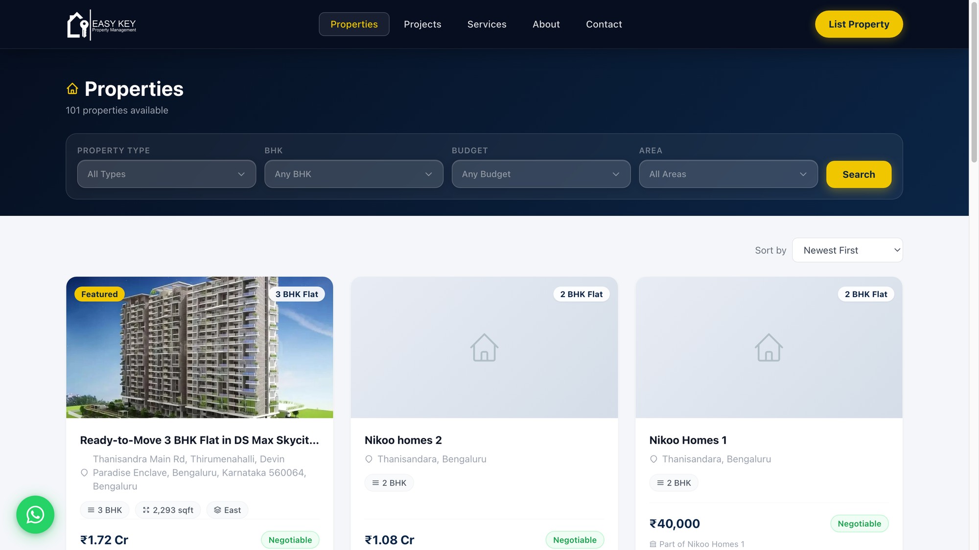 Properties listing page showing available properties with filters