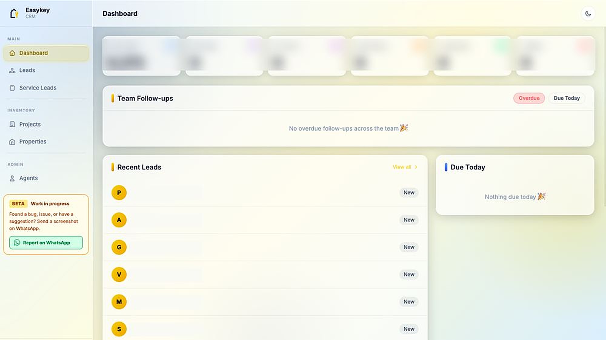 CRM dashboard with lead pipeline and recent leads list — client names and phone numbers redacted