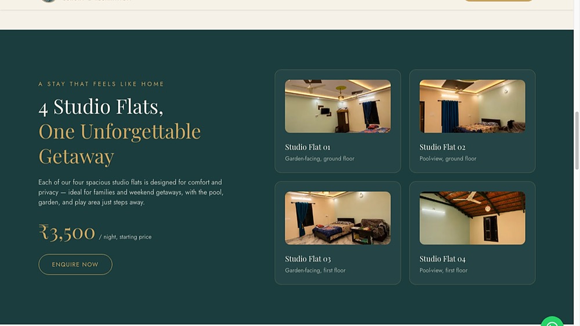 Studio flats section showing all four units with photos and pricing