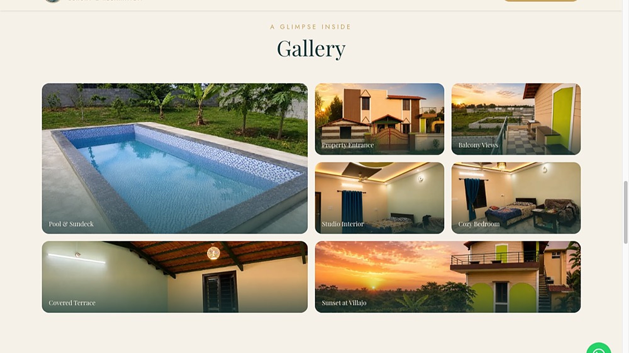 Photo gallery grid of the pool, entrance, rooms, and sunset views