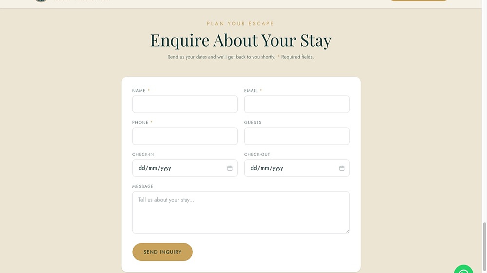 Enquiry form with name, contact, guest count, and check-in/check-out dates