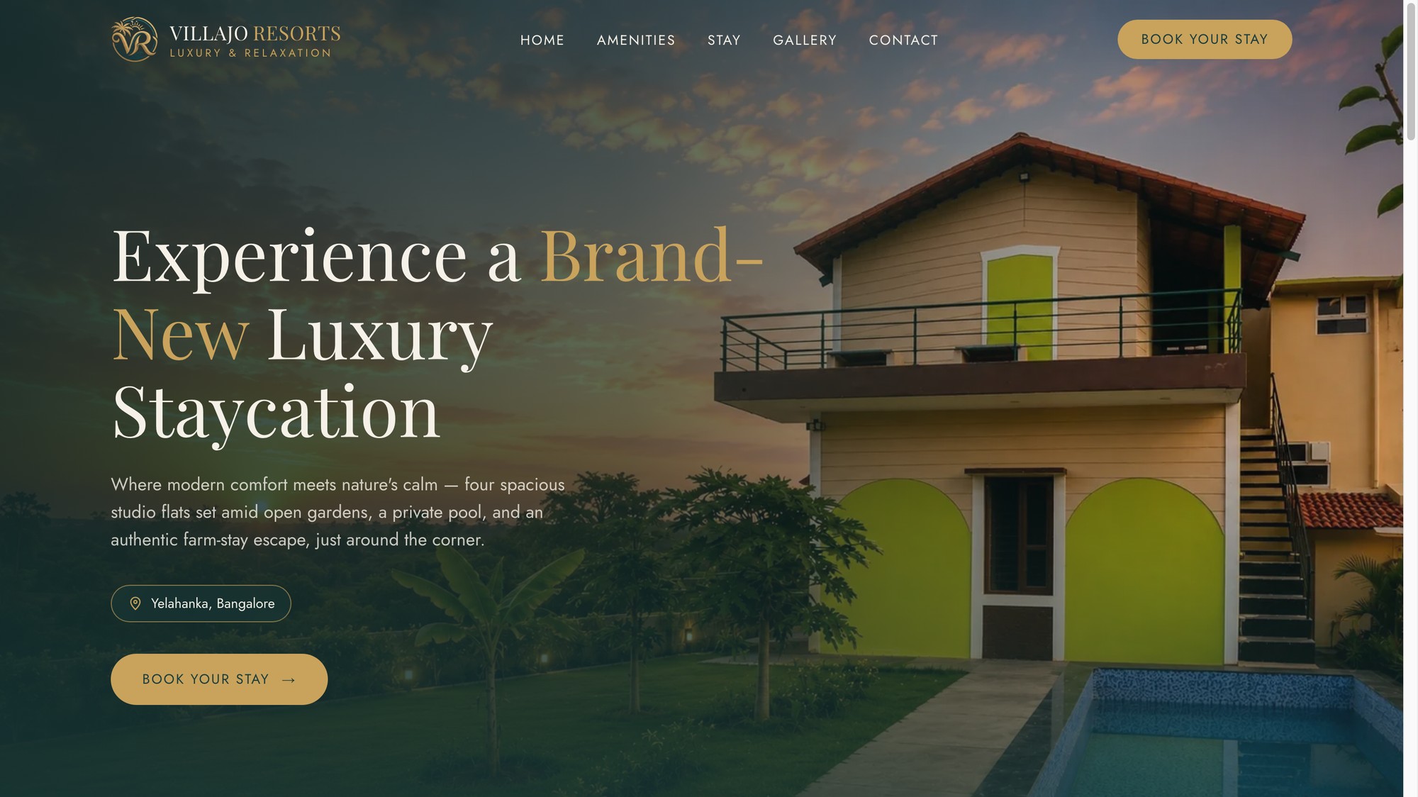 Homepage hero with property photo, headline, and booking CTA